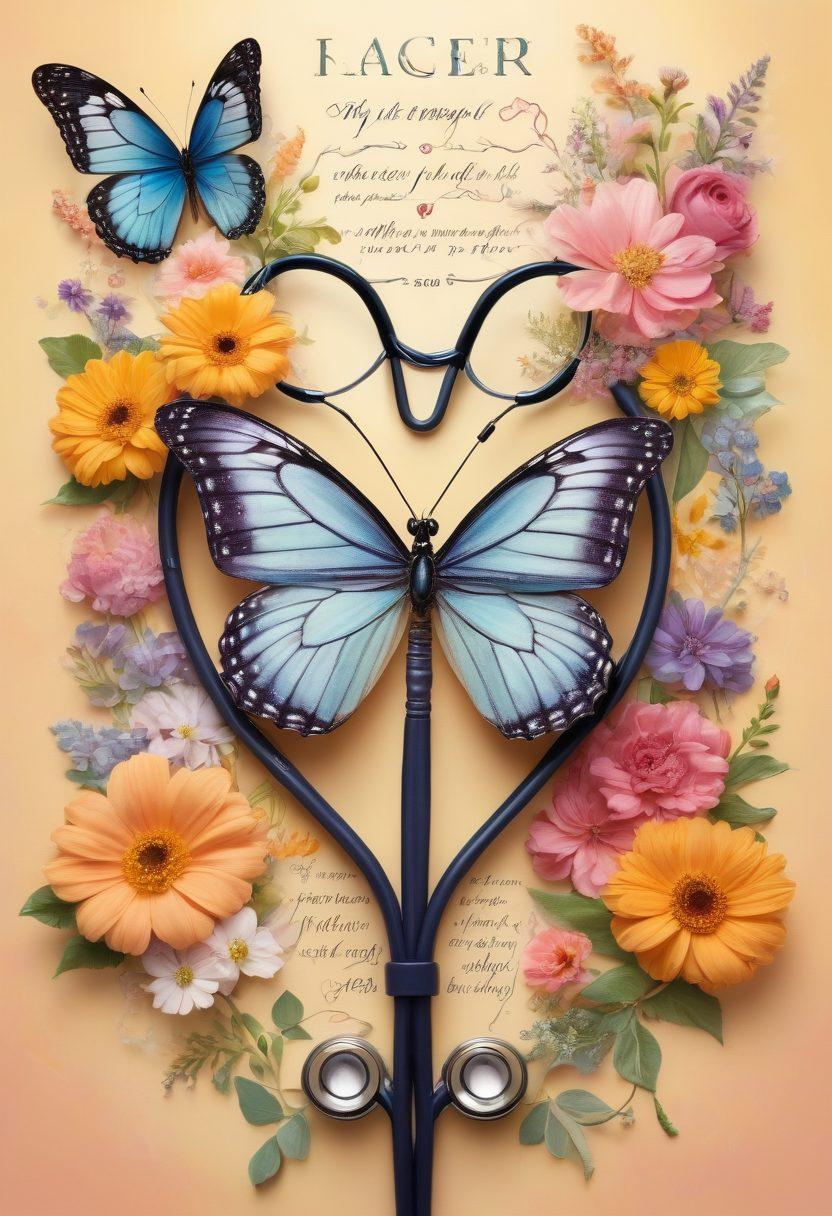 A collage depicting the journey of a cancer survivor, featuring a stethoscope, supportive family members, uplifting quotes, and symbols of healing like a butterfly and blooming flowers. The background should convey hope with soft, warm colors transitioning from dark to light. Incorporate elements representing community support, such as hands joining together and ribbons. Vibrant colors. super-realistic.